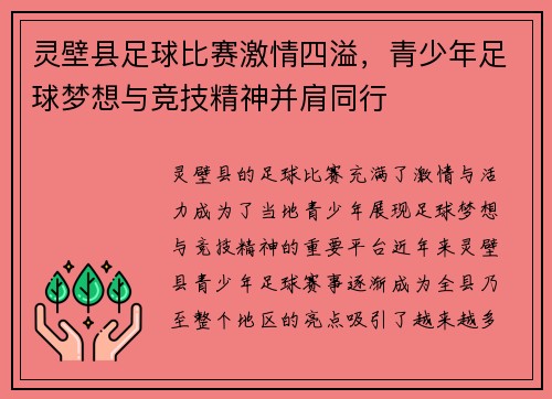 灵壁县足球比赛激情四溢，青少年足球梦想与竞技精神并肩同行